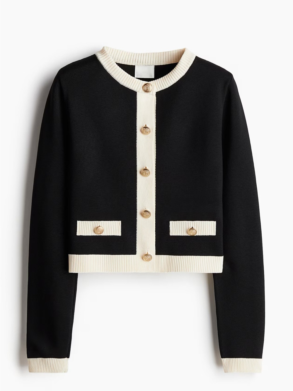 H&M Black and Cream Cropped Knit Cardigan